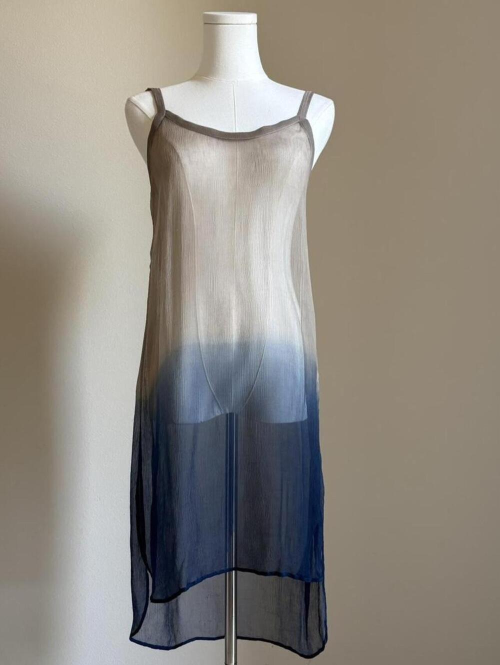 Chan Luu Ombre Silk Chiffon Sheer High Low Slip Dress Tunic Beige Blue XS S